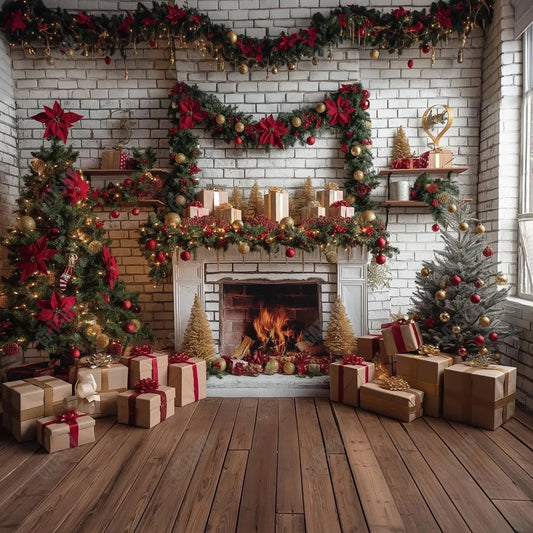 Gatsby Christmas Interior White Brick Fireplace Photography Backdrop Gbsx-00655 - Gatsby Backdrop