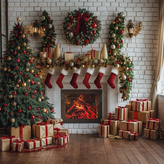 Gatsby Christmas Interior White Brick Fireplace Photography Backdrop Gbsx-00657 - Gatsby Backdrop