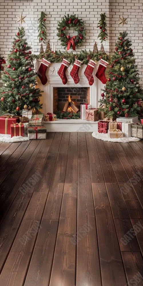 Gatsby Christmas Interior White Brick Fireplace Photography Backdrop Gbsx-00658 - Gatsby Backdrop