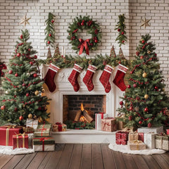 Gatsby Christmas Interior White Brick Fireplace Photography Backdrop Gbsx-00658 - Gatsby Backdrop