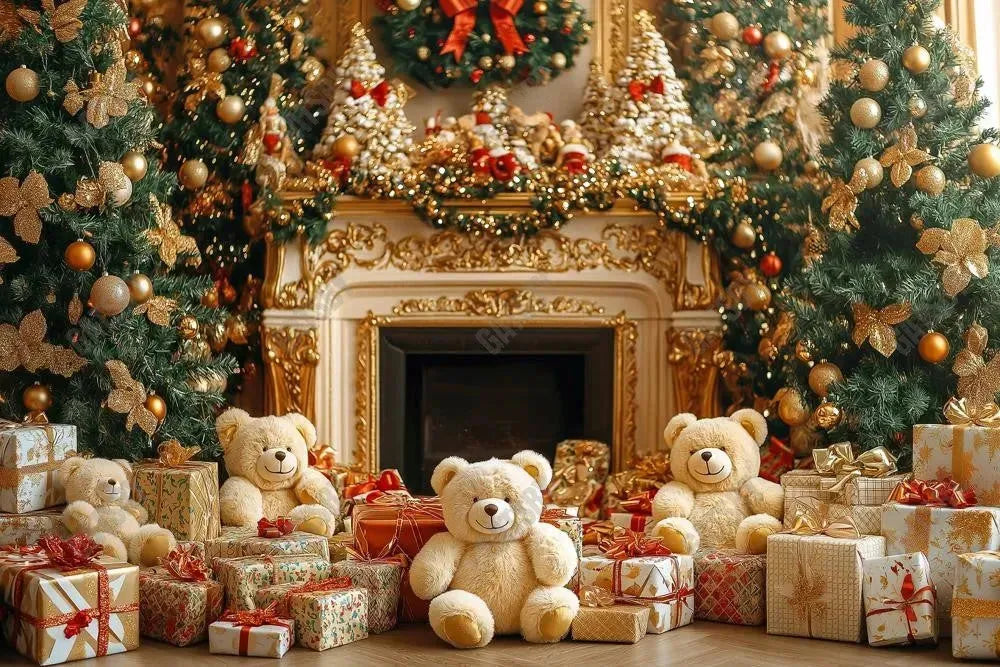 Gatsby Christmas Luxurious Teddy Bear Fireplace Photography Backdrop Gbsx-01058 - Gatsby Backdrop