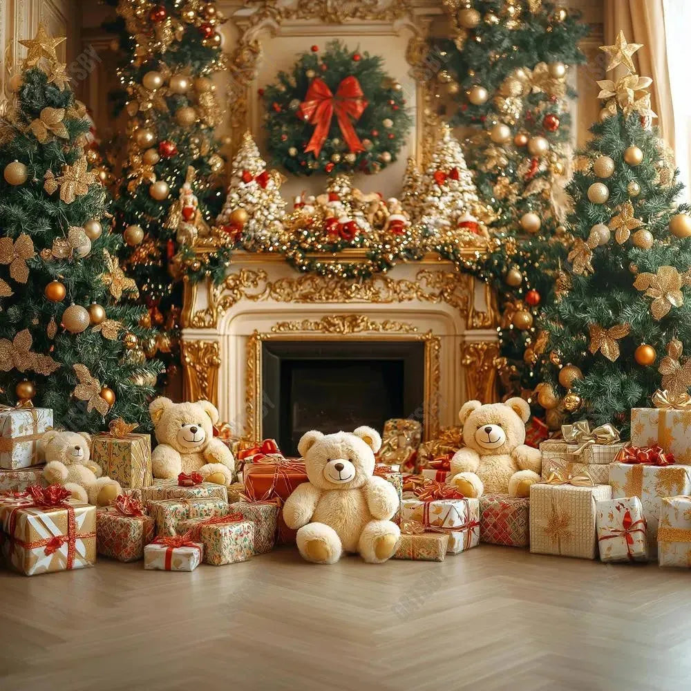 Gatsby Christmas Luxurious Teddy Bear Fireplace Photography Backdrop Gbsx-01058 - Gatsby Backdrop