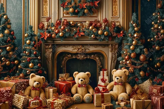 Gatsby Christmas Luxurious Teddy Bear Fireplace Photography Backdrop Gbsx-01059 - Gatsby Backdrop