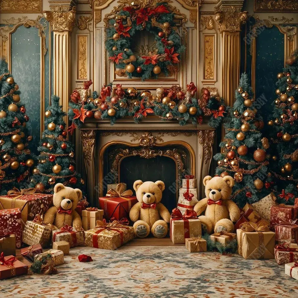 Gatsby Christmas Luxurious Teddy Bear Fireplace Photography Backdrop Gbsx-01059 - Gatsby Backdrop