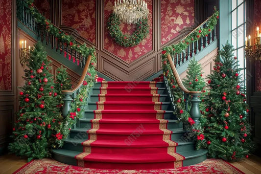 Gatsby Christmas Red Grand Staircase Photography Backdrop Gbsx-00953 - Gatsby Backdrop