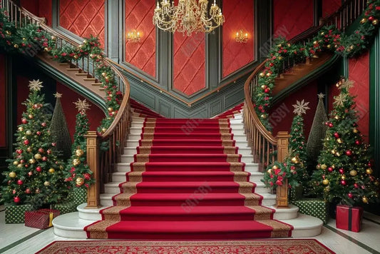 Gatsby Christmas Red Grand Staircase Photography Backdrop Gbsx-00954 - Gatsby Backdrop