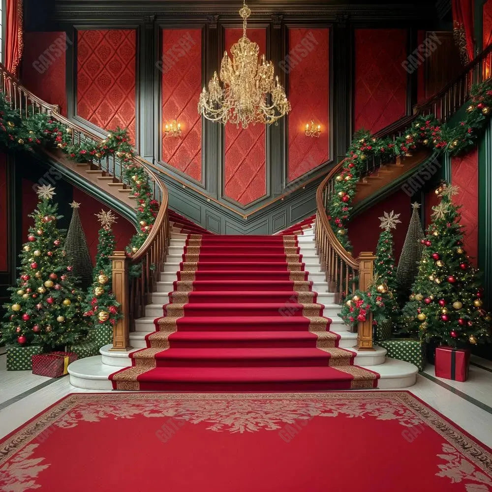 Gatsby Christmas Red Grand Staircase Photography Backdrop Gbsx-00954 - Gatsby Backdrop