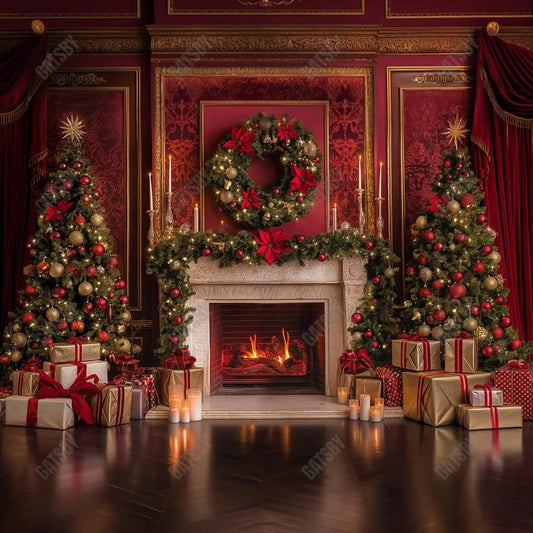 Gatsby Christmas Red Retro Fireplace Photography Backdrop Gbsx-00705 - Gatsby Backdrop