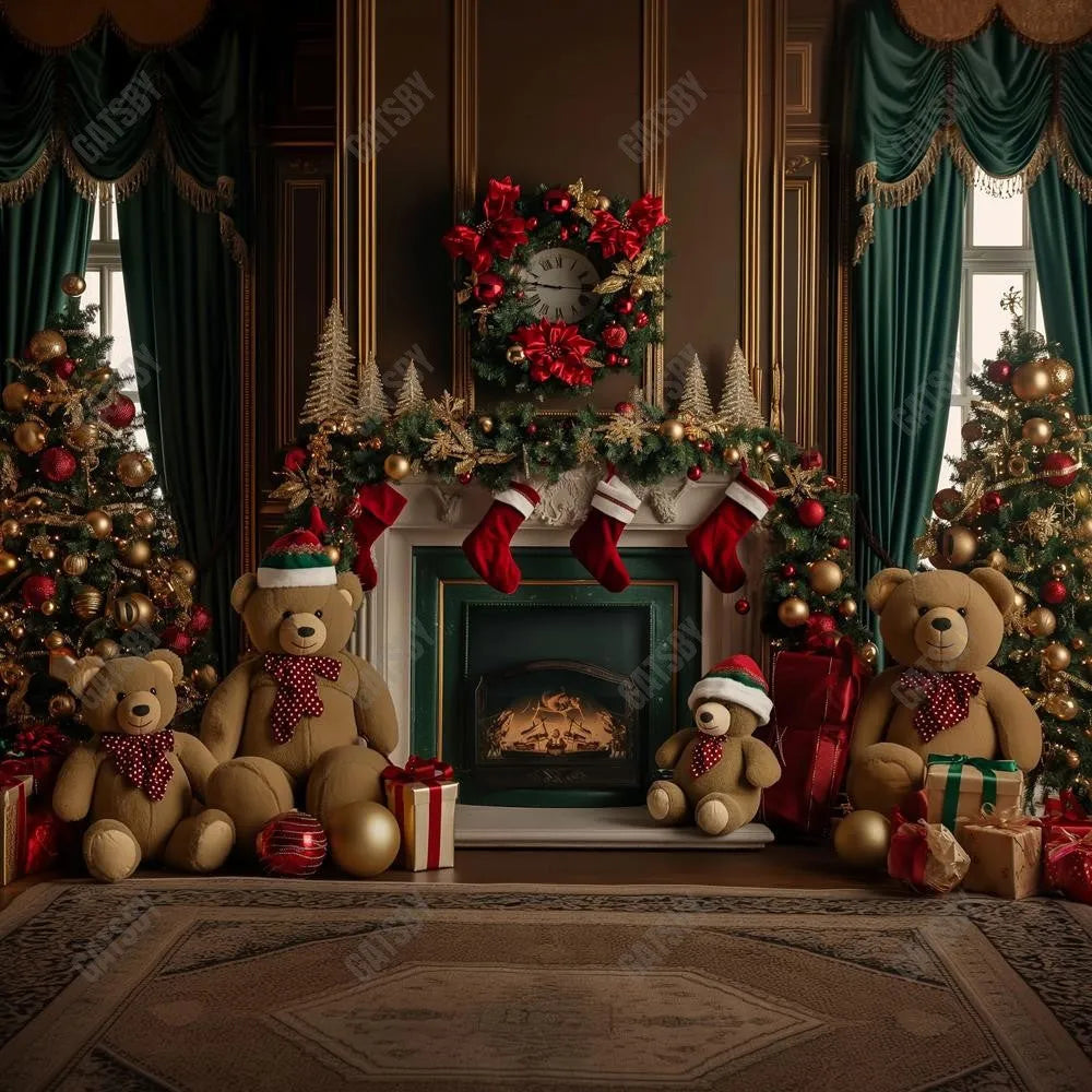 Gatsby Christmas Teddy'S Fireplace Photography Backdrop GBSX-00072 - Gatsby Backdrop