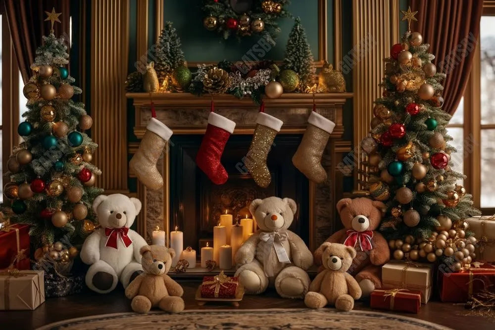 Gatsby Christmas Teddy'S Fireplace Photography Backdrop GBSX-00073 - Gatsby Backdrop