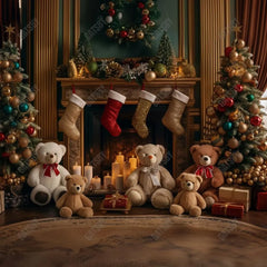 Gatsby Christmas Teddy'S Fireplace Photography Backdrop GBSX-00073 - Gatsby Backdrop