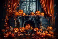 Gatsby Fall Halloween Pumpkin Black Fireplace Photography Backdrop Gbsx-00862 - Gatsby Backdrop