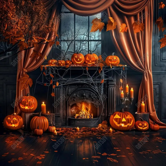 Gatsby Fall Halloween Pumpkin Black Fireplace Photography Backdrop Gbsx-00863 - Gatsby Backdrop