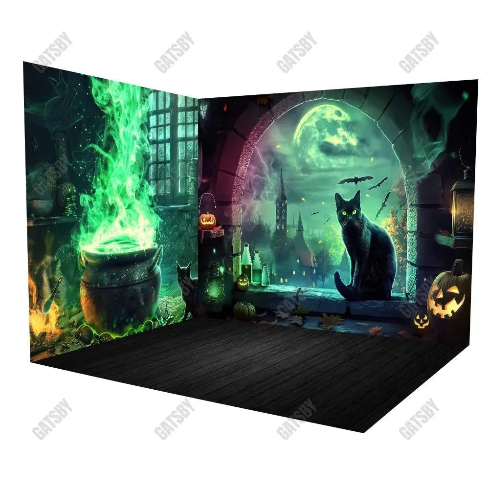 Gatsby Halloween Dark Stone Arched Window Room Set Backdrop Gbsx-00871&Gbsx-00625&Ym8G-B0503 - Gatsby Backdrop