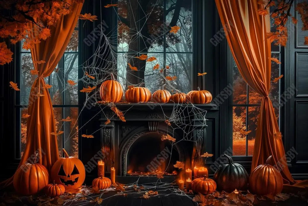 Gatsby Halloween Pumpkin Black Fireplace Photography Backdrop Gbsx-00761 - Gatsby Backdrop