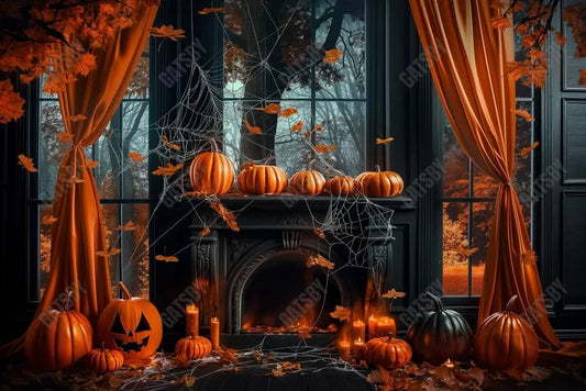 Gatsby Halloween Pumpkin Black Fireplace Photography Backdrop Gbsx-00761 - Gatsby Backdrop