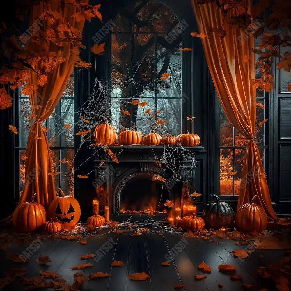 Gatsby Halloween Pumpkin Black Fireplace Photography Backdrop Gbsx-00761 - Gatsby Backdrop