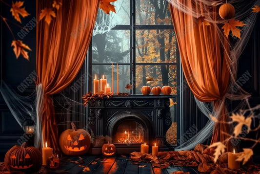 Gatsby Halloween Pumpkin Black Fireplace Photography Backdrop Gbsx-00762 - Gatsby Backdrop