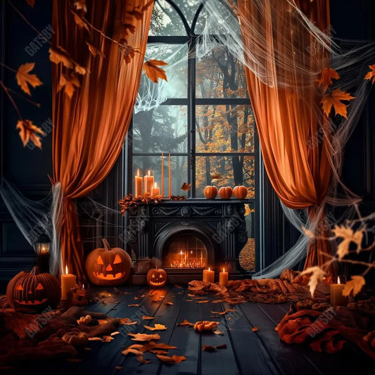 Gatsby Halloween Pumpkin Black Fireplace Photography Backdrop Gbsx-00762 - Gatsby Backdrop