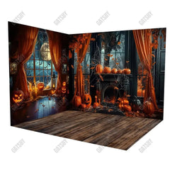 Gatsby Halloween Pumpkin Black Fireplace Room Set Backdrop Gbsx-00763&Gbsx-00761&Ym8G-B0505 - Gatsby Backdrop