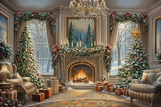 Gatsby Majestic Christmas Living Room Photography Backdrop GBSX-00156 - Gatsby Backdrop