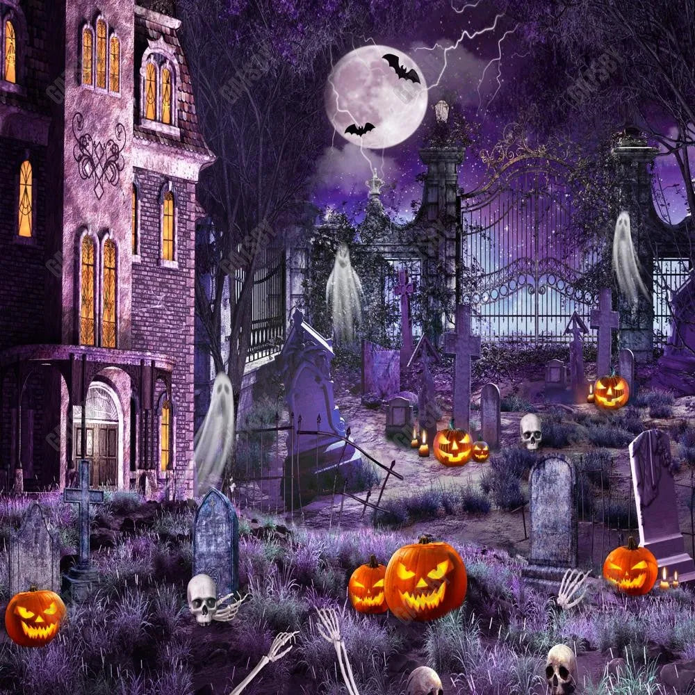 Gatsby Purple Halloween Night Cemetery Photography Backdrop GBSX-00163 - Gatsby Backdrop