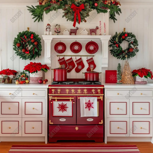 Gatsby Red And White Christmas Kitchen Photography Backdrop Gbsx-00912 - Gatsby Backdrop