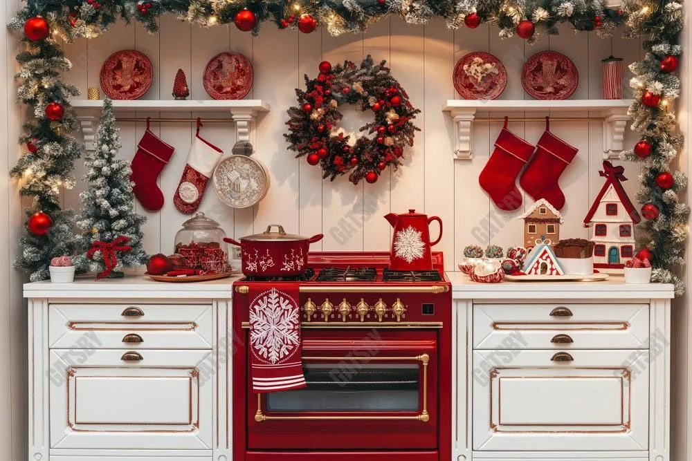 Gatsby Red And White Christmas Kitchen Photography Backdrop Gbsx-00913 - Gatsby Backdrop