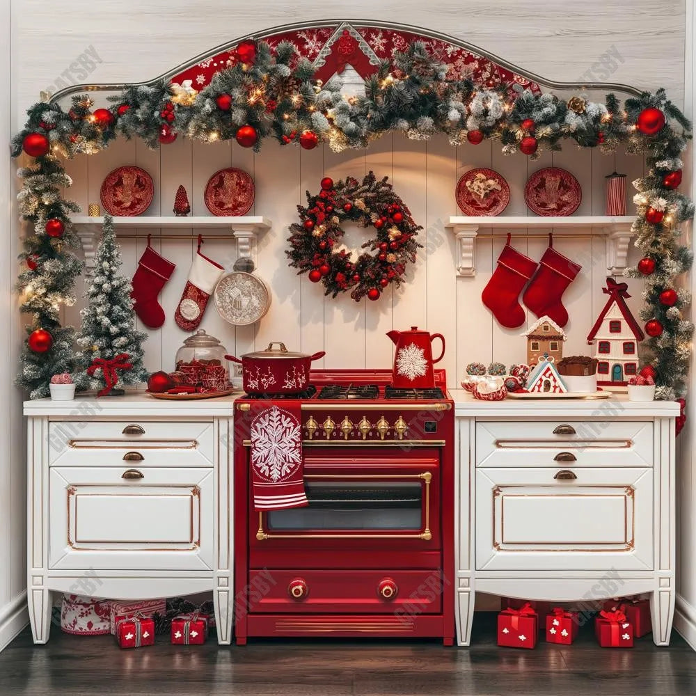 Gatsby Red And White Christmas Kitchen Photography Backdrop Gbsx-00913 - Gatsby Backdrop