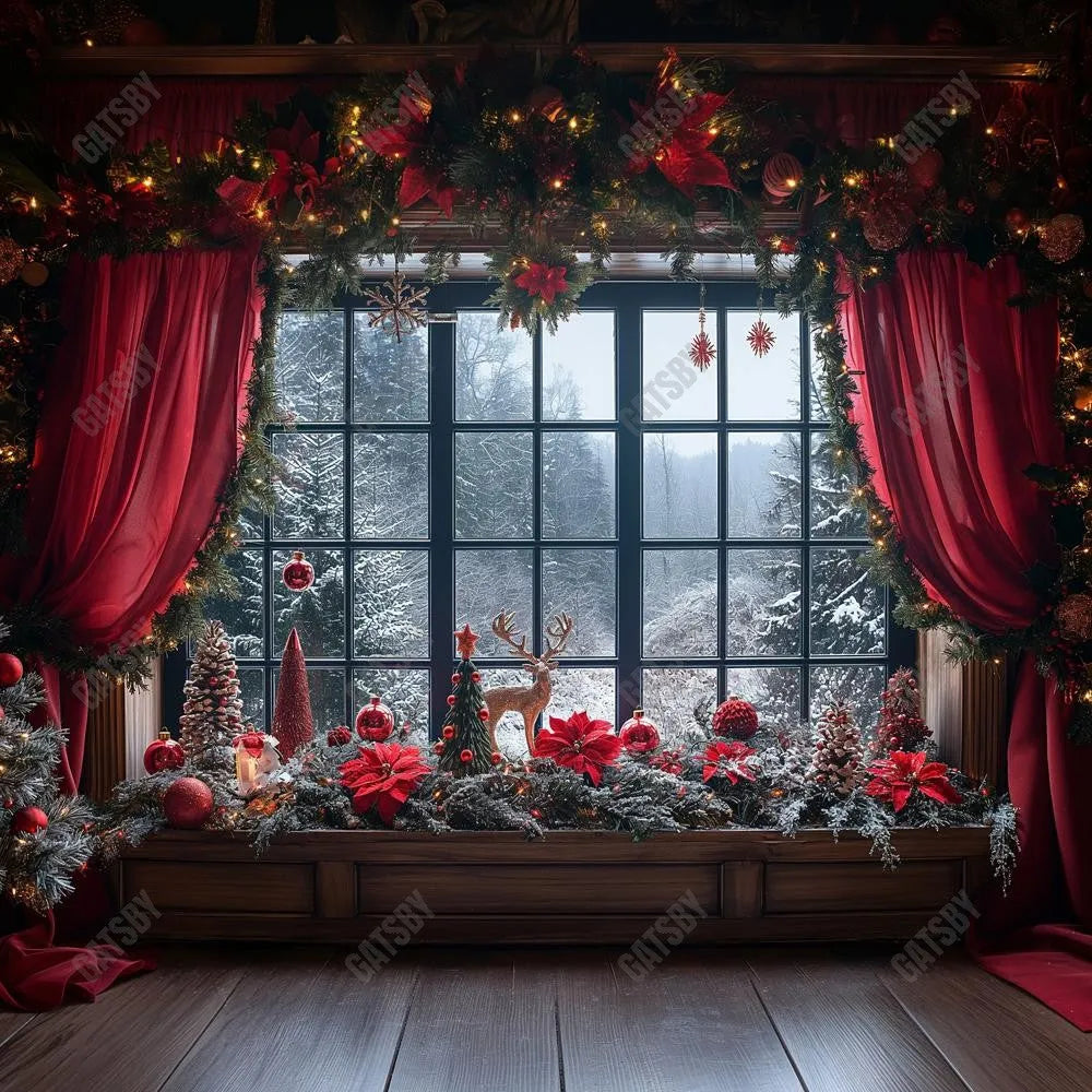 Gatsby Red Christmas Window Curtain Photography Backdrop GBSX-00149 - Gatsby Backdrop