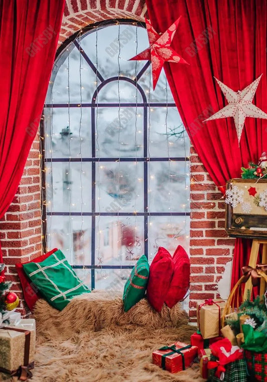 Gatsby Red Christmas Window Curtain Photography Backdrop Gbsx-00826 - Gatsby Backdrop