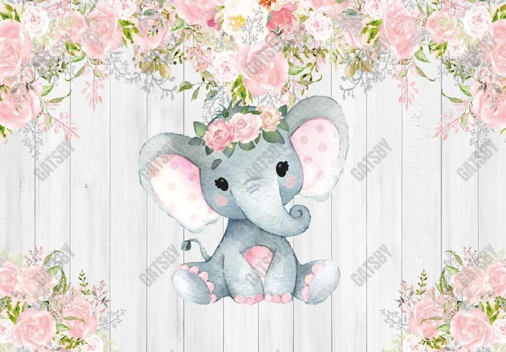 Gatsby Rustic White Wood Floral Elephant Photography Backdrop Gbsx-00498 - Gatsby Backdrop