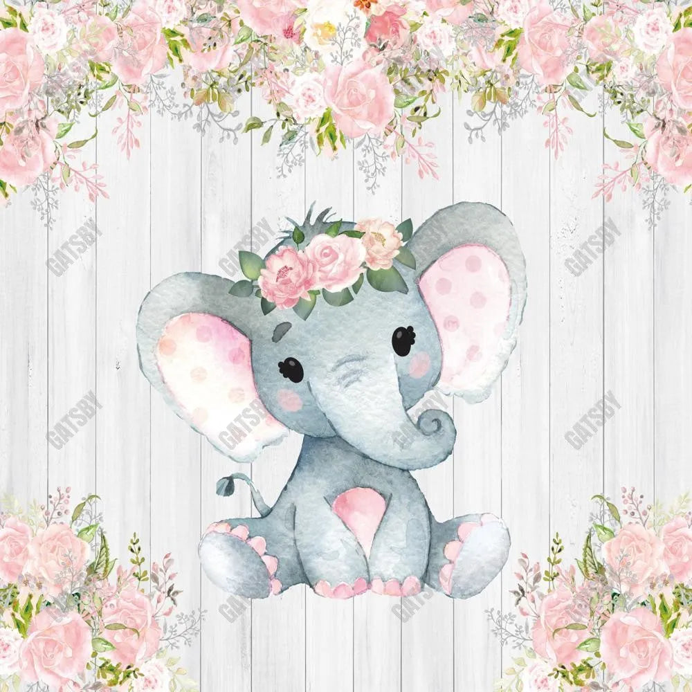 Gatsby Rustic White Wood Floral Elephant Photography Backdrop Gbsx-00498 - Gatsby Backdrop