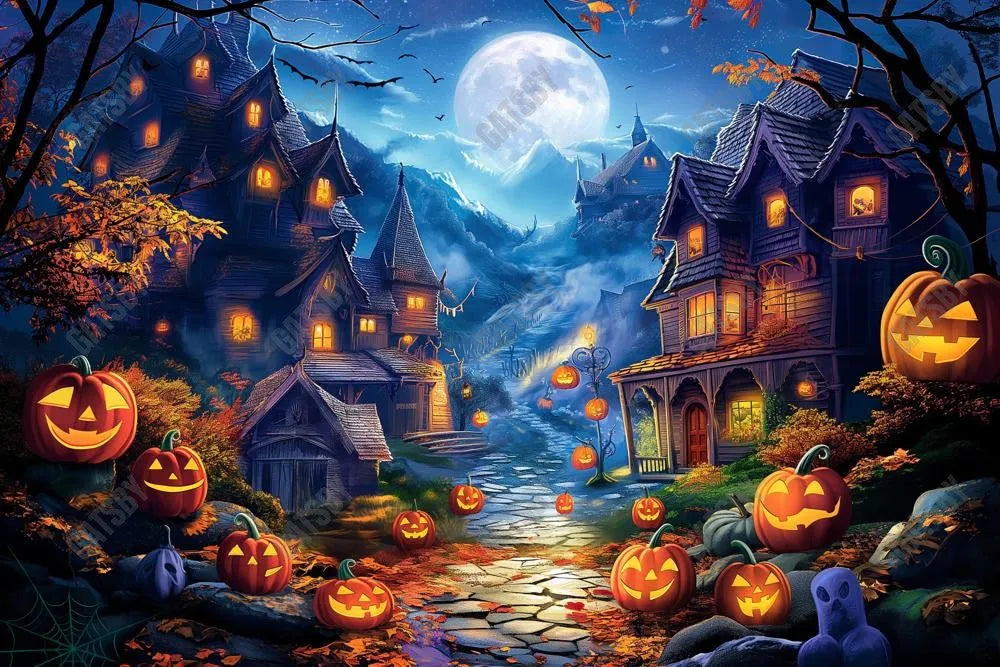 Gatsby Scary Halloween Village Night Photography Backdrop Gbsx-00616 - Gatsby Backdrop