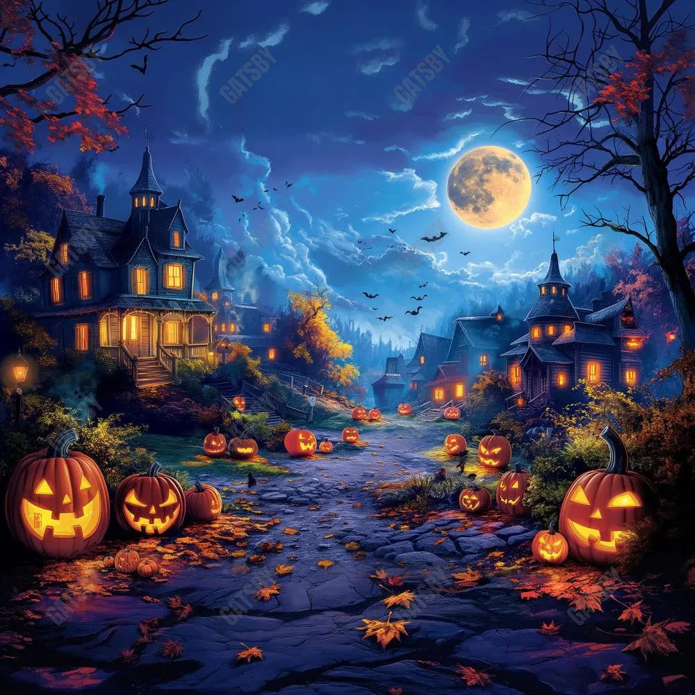 Gatsby Scary Halloween Village Night Photography Backdrop Gbsx-00617 - Gatsby Backdrop