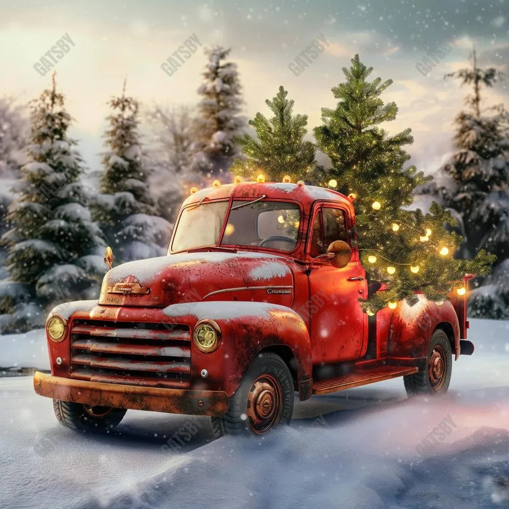 Gatsby Winter Forest Christmas Red Truck Photography Backdrop Gbsx-00821 - Gatsby Backdrop