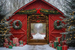 Gatsby Winter Red Barn House Christmas Tree Photography Backdrop Gbsx-01061 - Gatsby Backdrop