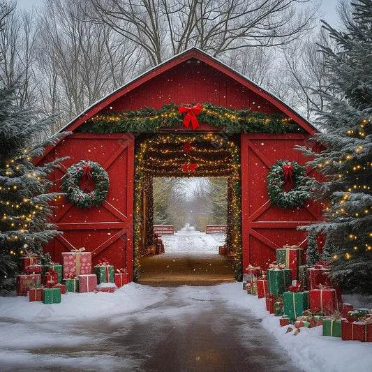 Gatsby Winter Red Barn House Christmas Tree Photography Backdrop Gbsx-01061 - Gatsby Backdrop