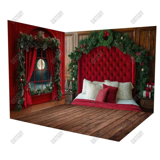 Gatsby Winter Red Headboard Bedroom Window Night Room Set Backdrop Gbsx-01010&Gbsx-01003&Aec-00775 - Gatsby Backdrop