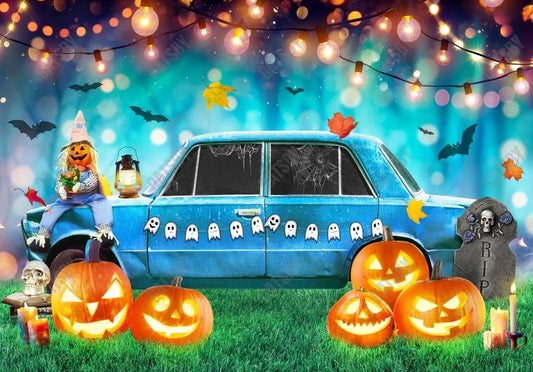 Happy Halloween Forest Retro Car Photo Backdrop - Gatsby Backdrop