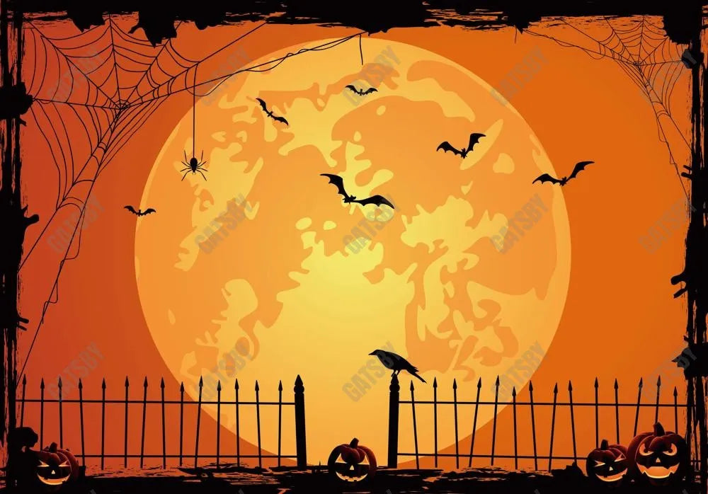 Happy Halloween Orange Moon Night Pumpkin Backdrop - Gatsby Backdrop