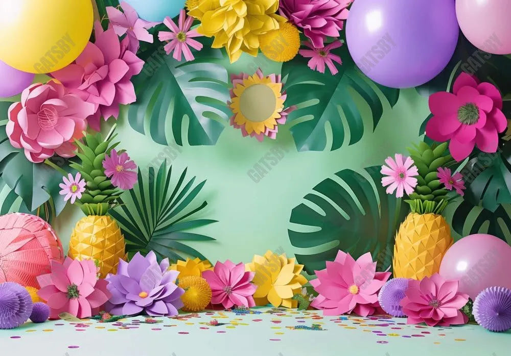 Hawaii Tropical Paper Leaves & Flowers Balloons Backdrop - Gatsby Backdrop