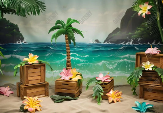 Island Beach Coconut Trees Flowers Backdrop - Gatsby Backdrop