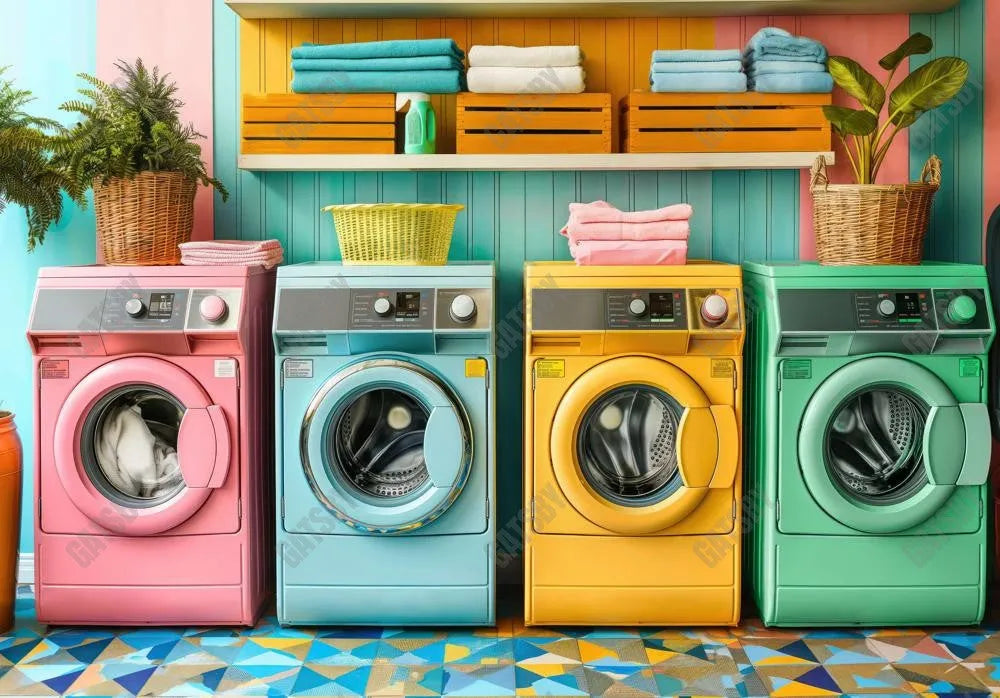 Laundry Day Colorful Washing Machine Spring Backdrop - Gatsby Backdrop