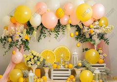 Lemon Yellow Pink Balloons Floral Backdrop - Gatsby Backdrop