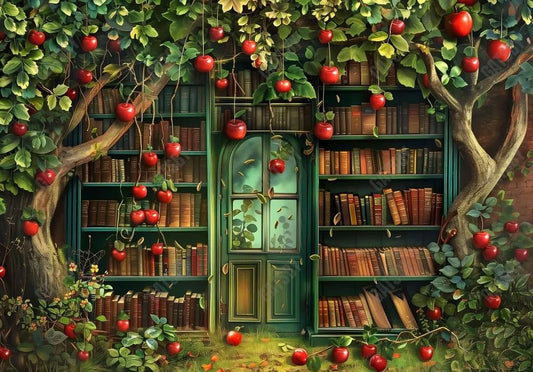 Library Filled With Books and Red Apples Backdrop - Gatsby Backdrop