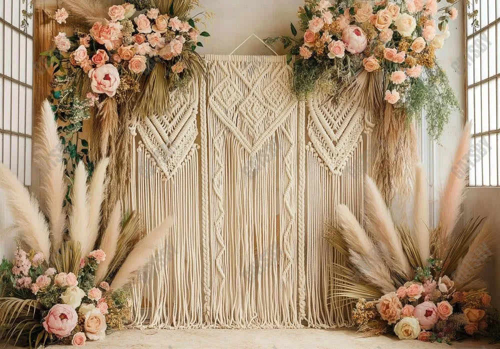 Macrame Backdrop With Boho Pampas Grass and Flowers - Gatsby Backdrop