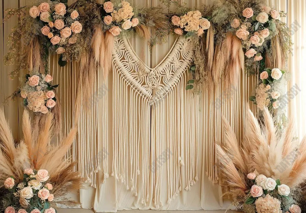 Macrame Backdrop With Boho Pampas Grass and Pink Roses - Gatsby Backdrop