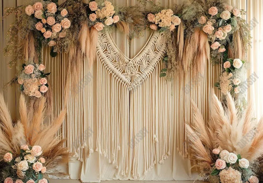 Macrame Backdrop With Boho Pampas Grass and Pink Roses - Gatsby Backdrop