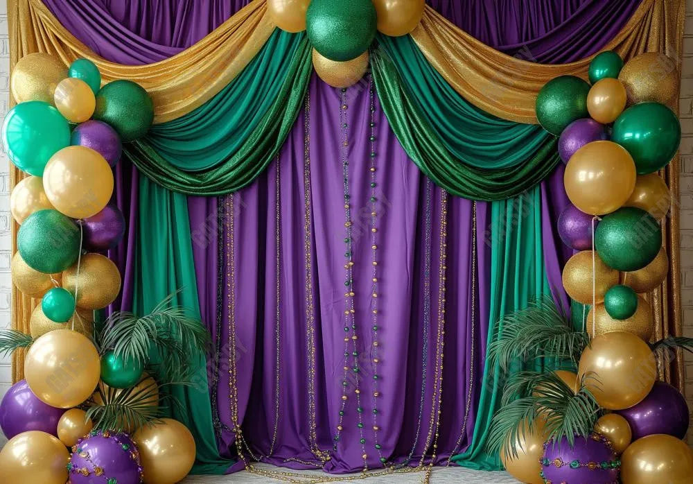 Mardi Gras Themed Drapery With Balloons Backdrop - Gatsby Backdrop